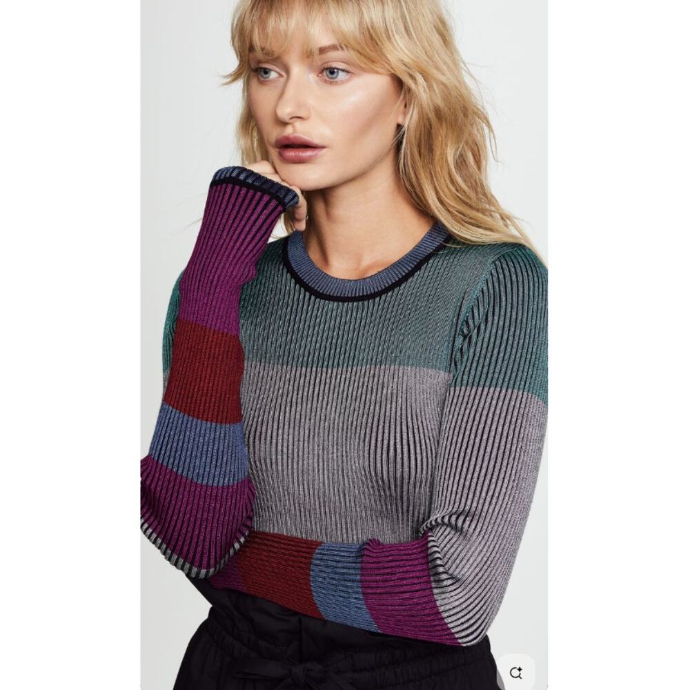 Diane Von Furstenberg Cropped Plaited Pullover Ribbed Ribbon Teal Gray‎ Purple M